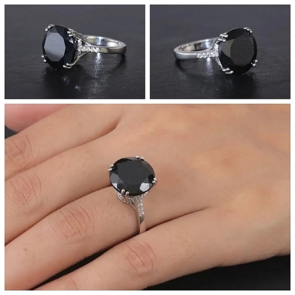 Black Tourmaline & White Zircon Ring In 925 Sterling Silver - Picture 4 of 6